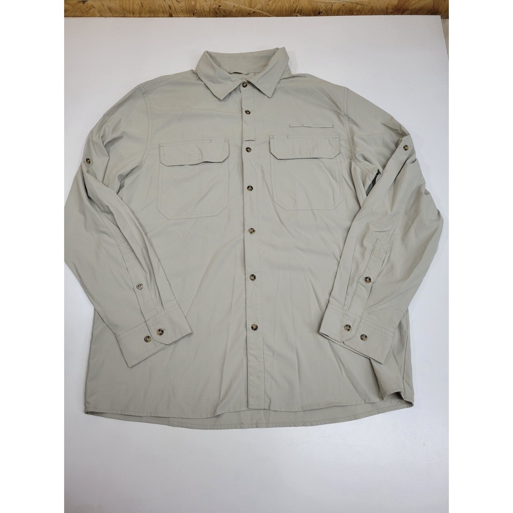 33,000ft Mens Large Fishing Shirt Long Sleeve UPF Outdoor Hiking Safari Khaki